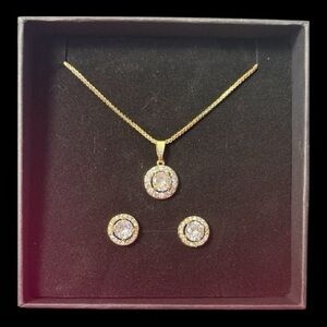 Gold Crystal Halo Necklace and Stud Earring Set
